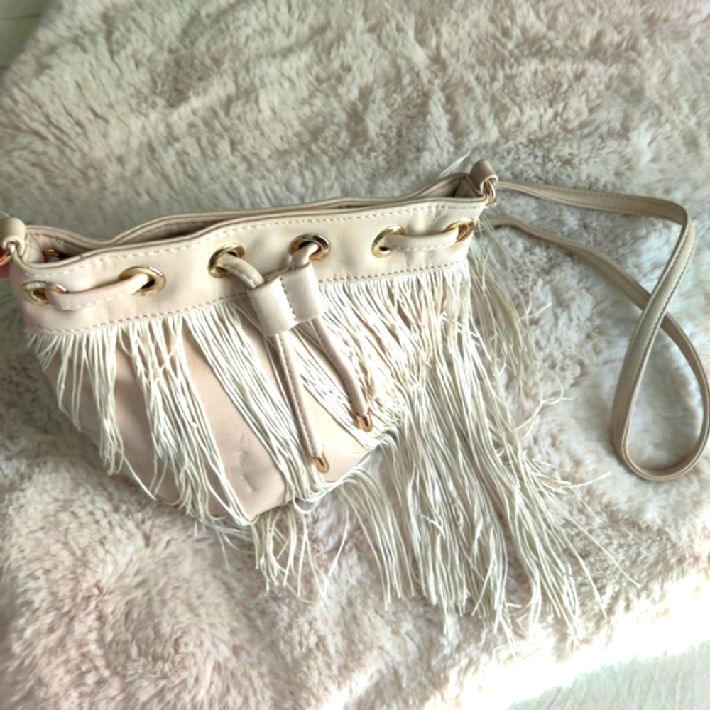 Deux Lux Ivory Fringed Drawstring Crossbody Bag